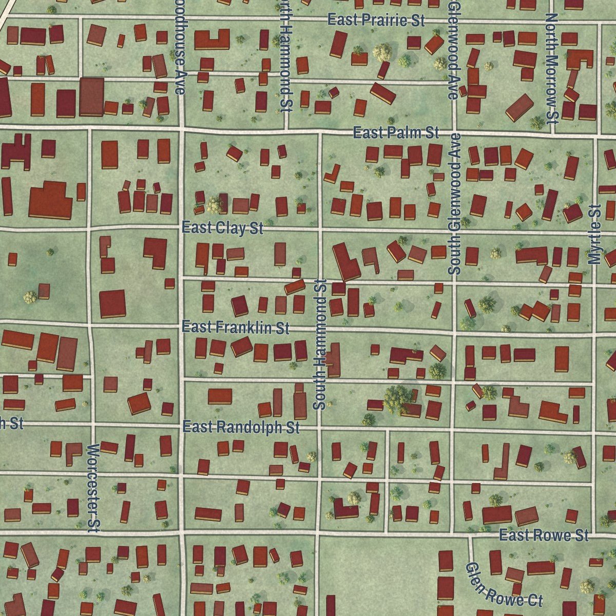 Close-up of the map of Roodhouse, Illinois print showing street and building detail