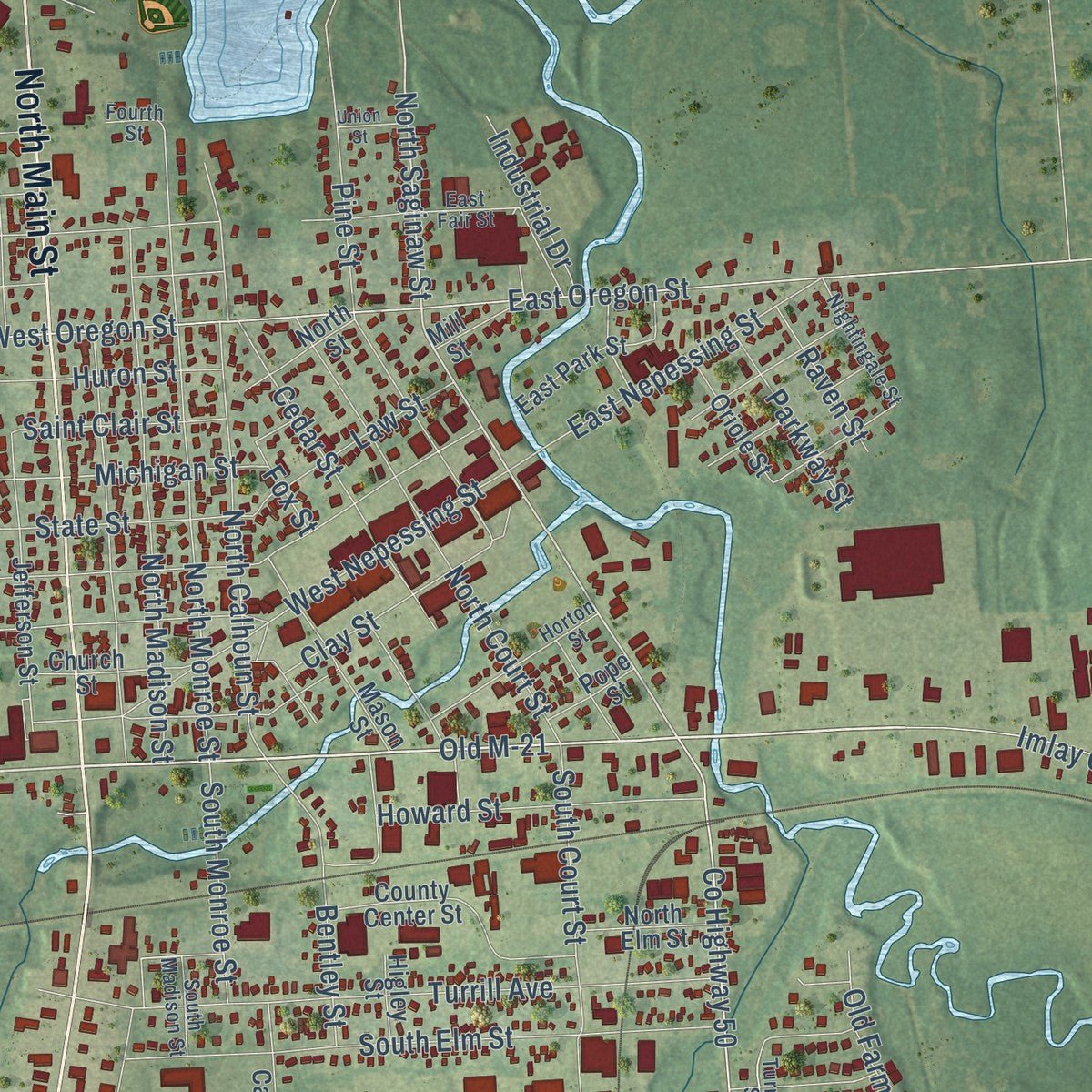 Close-up of the map of Lapeer, Michigan print showing street and building detail