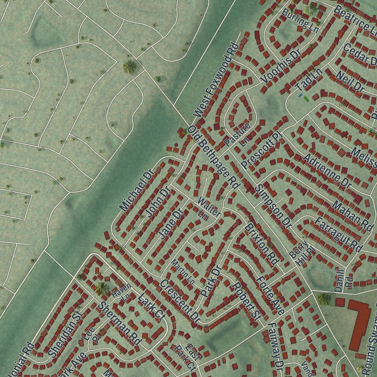 Close-up of the map of Old Bethpage, New York print showing street and building detail