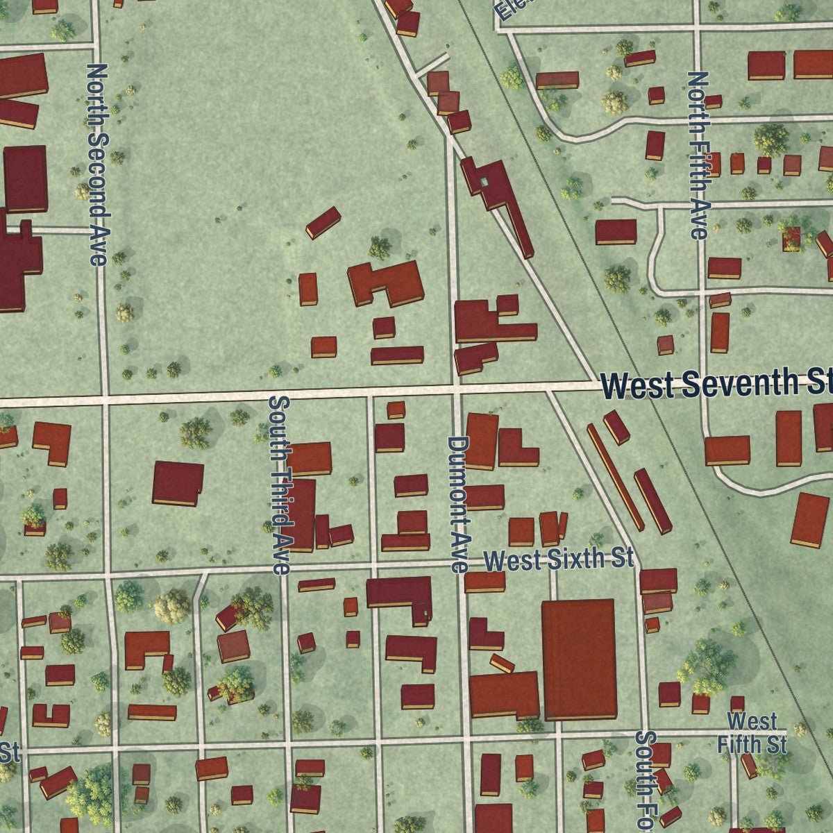 Close-up of the map of Woonsocket, South Dakota print showing street and building detail