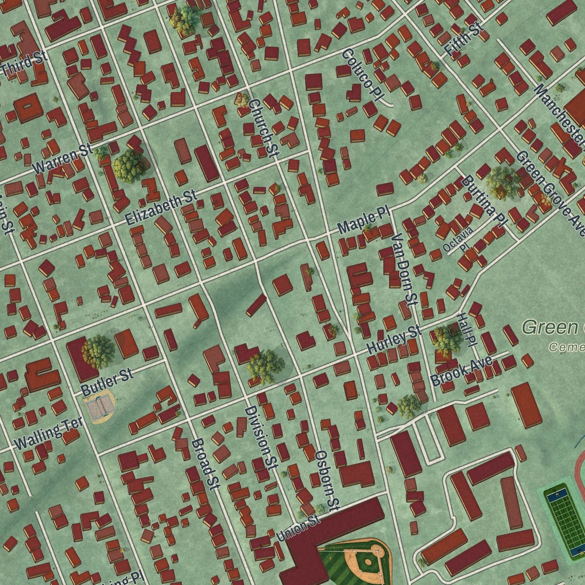 Close-up of the map of Keyport, New Jersey print showing street and building detail