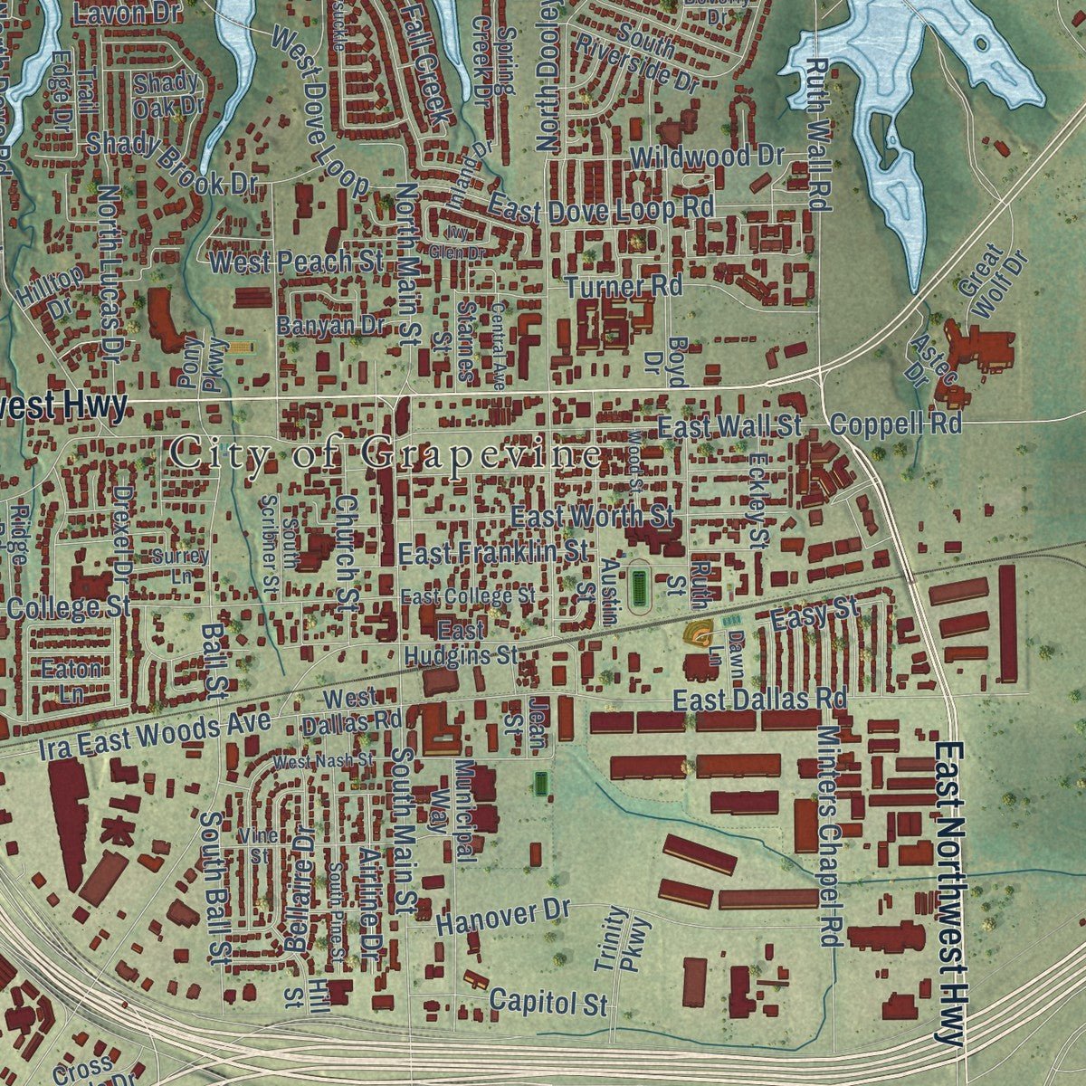Close-up of the map of Grapevine, Texas print showing street and building detail