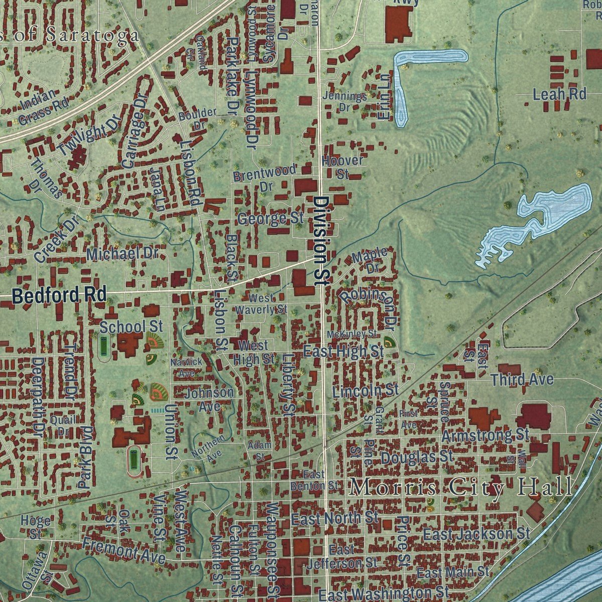Close-up of the map of Morris, Illinois print showing street and building detail