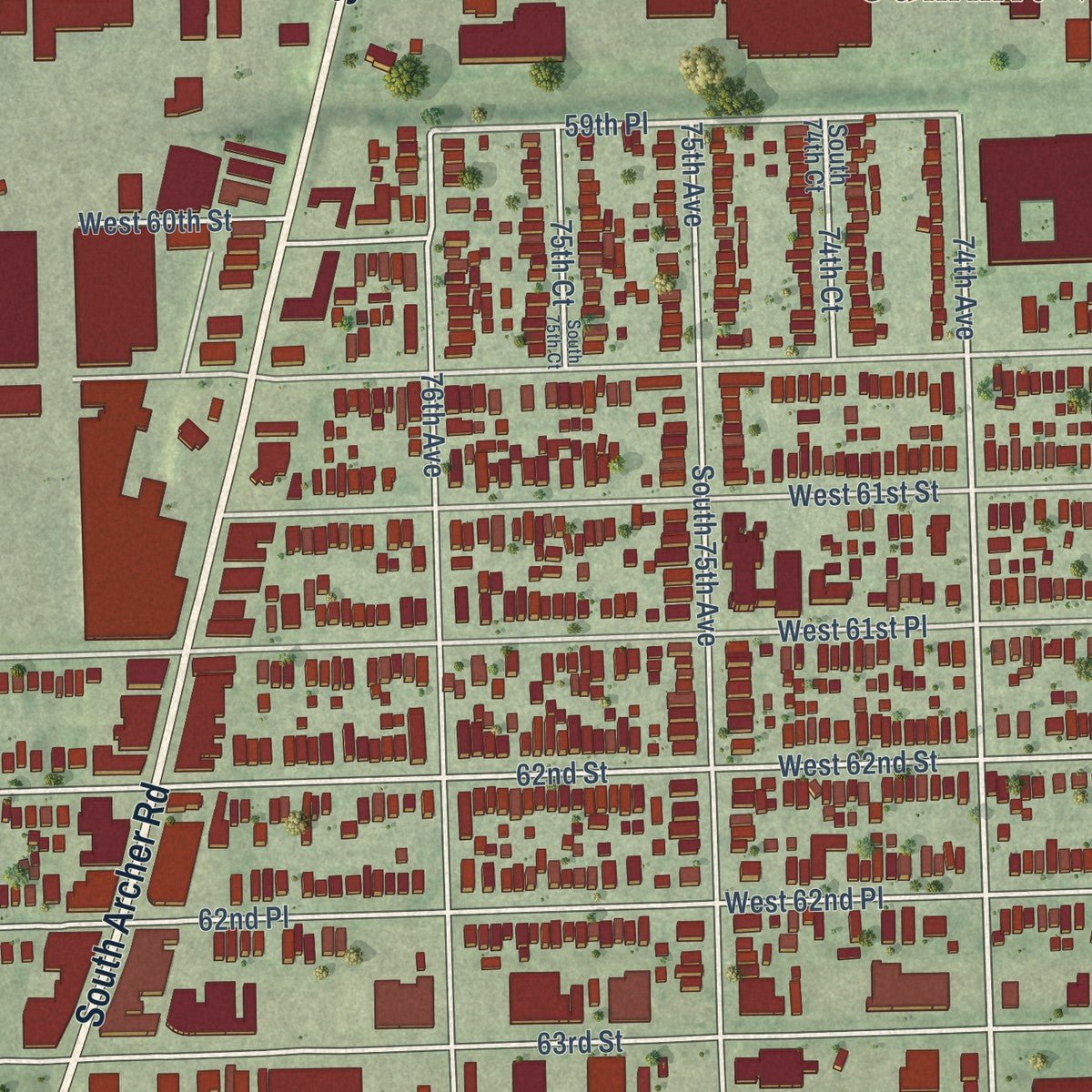 Close-up of the map of Summit, Illinois print showing street and building detail