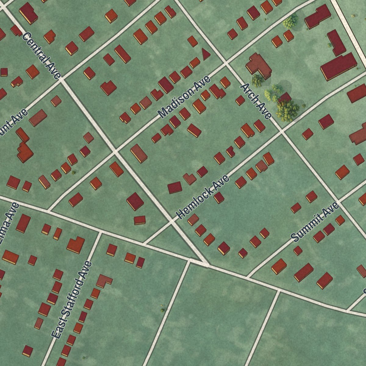 Close-up of the map of Laurel Springs, New Jersey print showing street and building detail