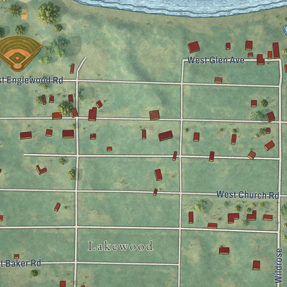 Close-up of the map of Lakewood Club, Michigan print showing street and building detail