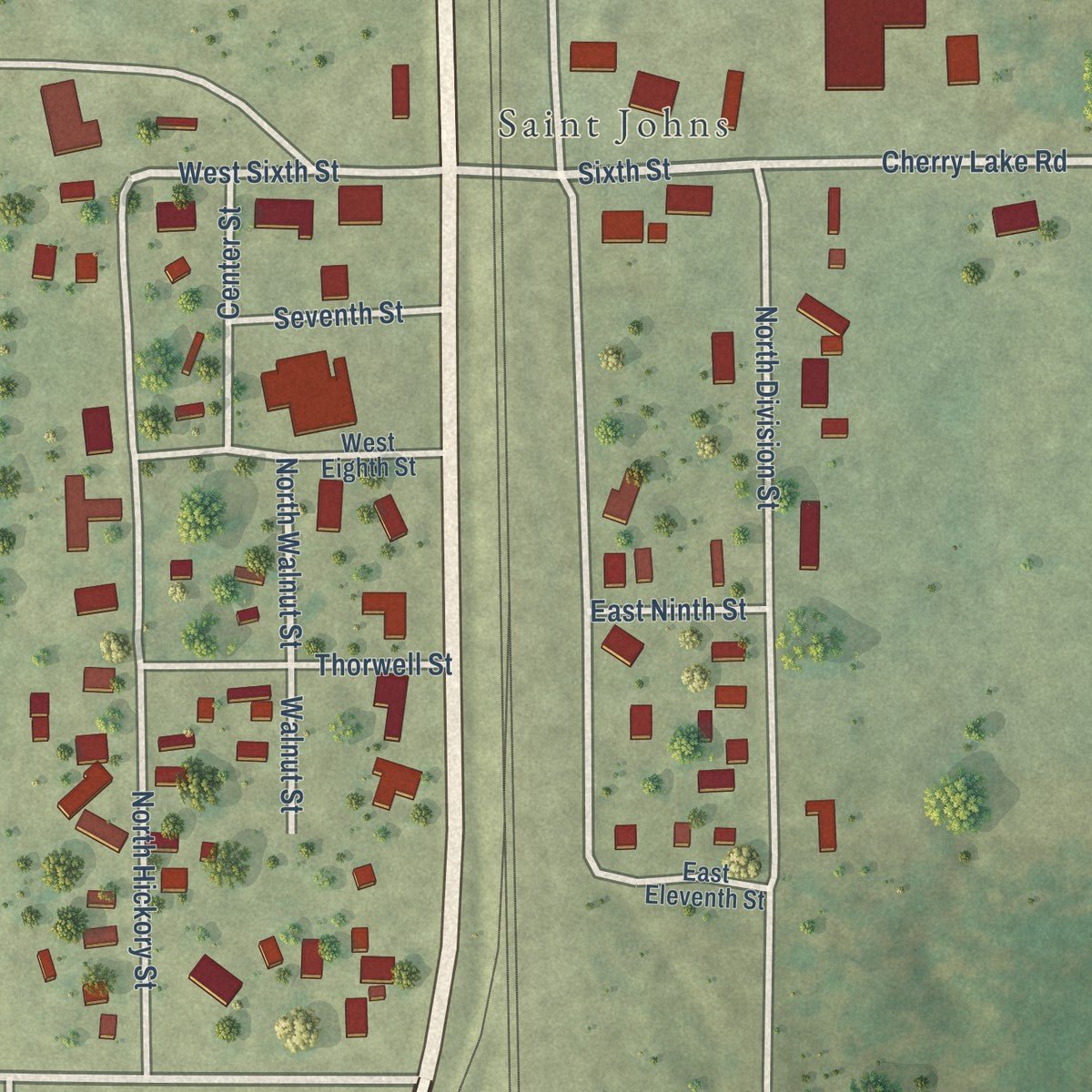 Close-up of the map of St. Johns, Illinois print showing street and building detail