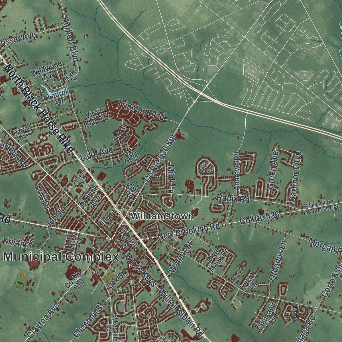 Close-up of the map of Monroe, Gloucester County, New Jersey print showing street and building detail