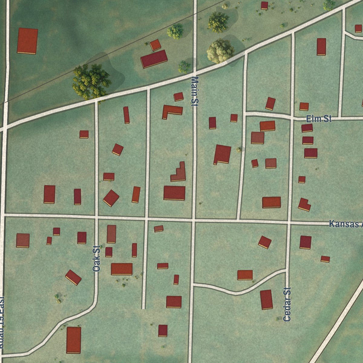 Close-up of the map of Clayton, Kansas print showing street and building detail