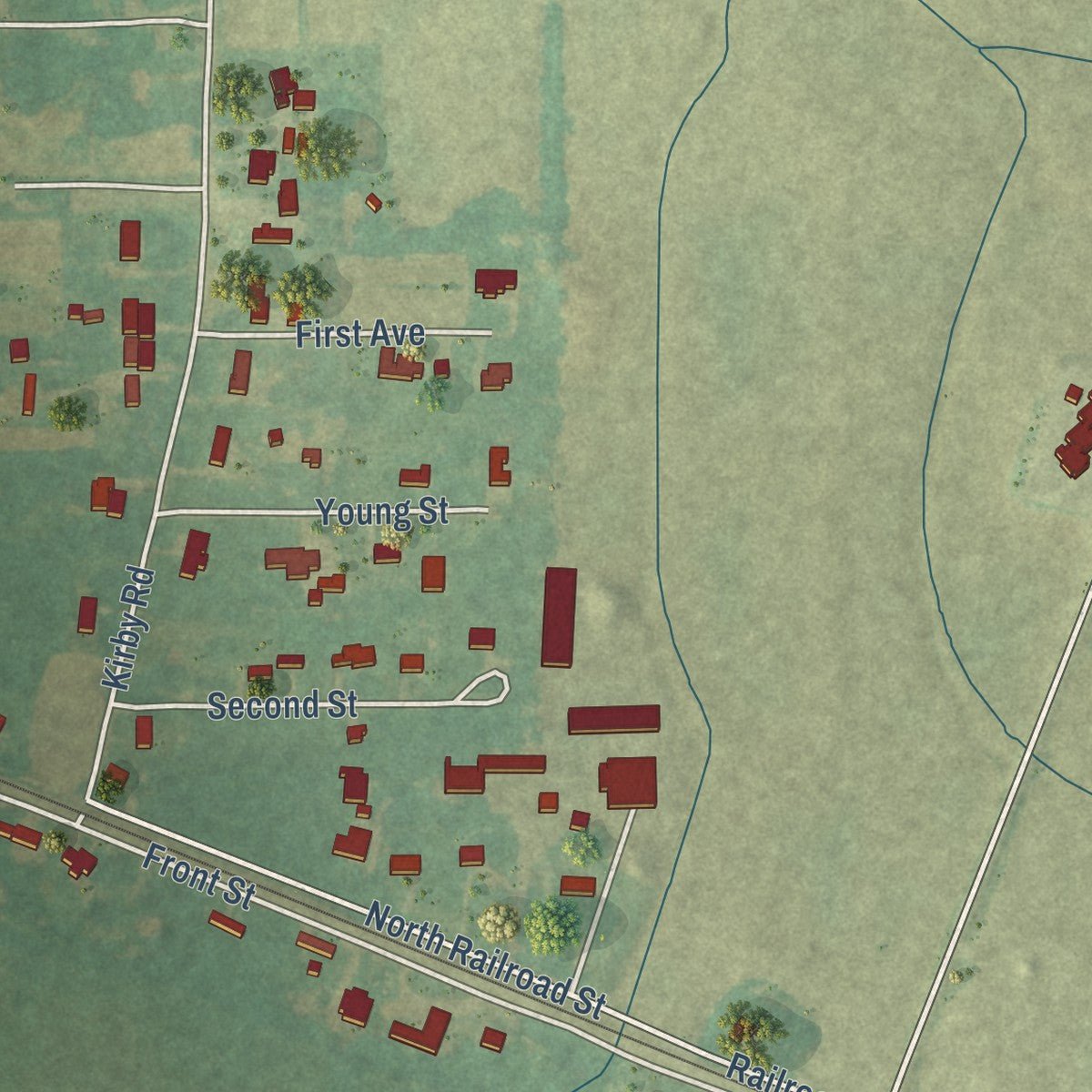 Close-up of the map of Hillsboro, Alabama print showing street and building detail
