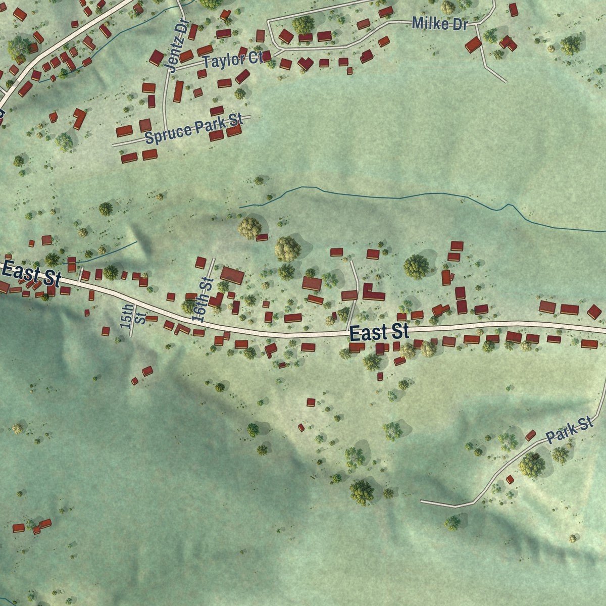 Close-up of the map of Potosi, Wisconsin print showing street and building detail