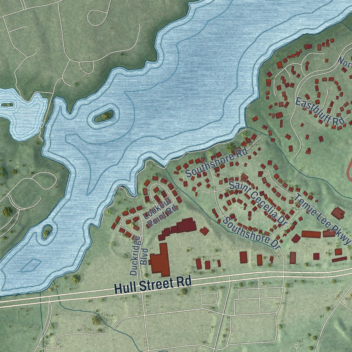 Close-up of the map of Brandermill, Virginia print showing street and building detail