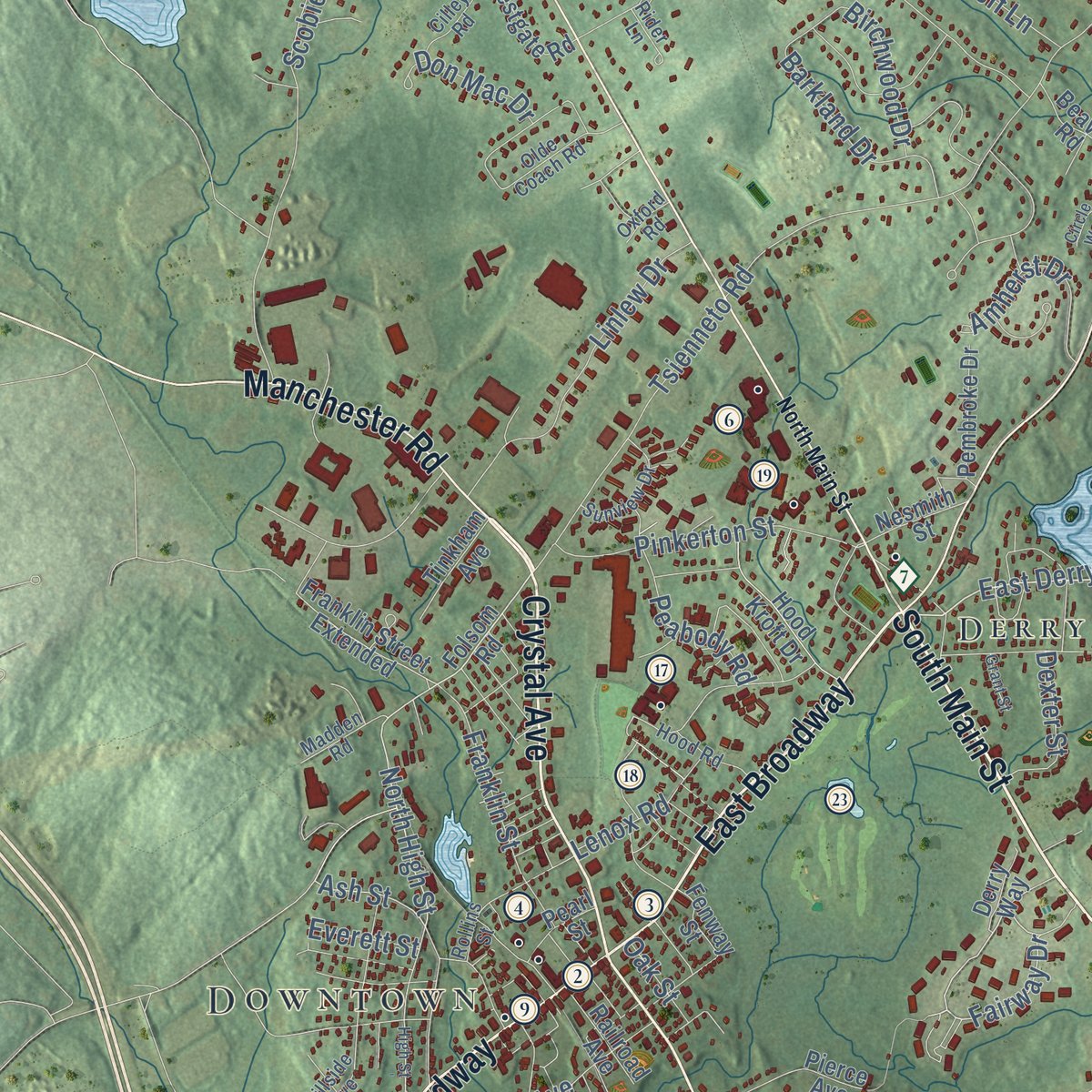 Close-up of the map of Derry, New Hampshire print showing street and building detail