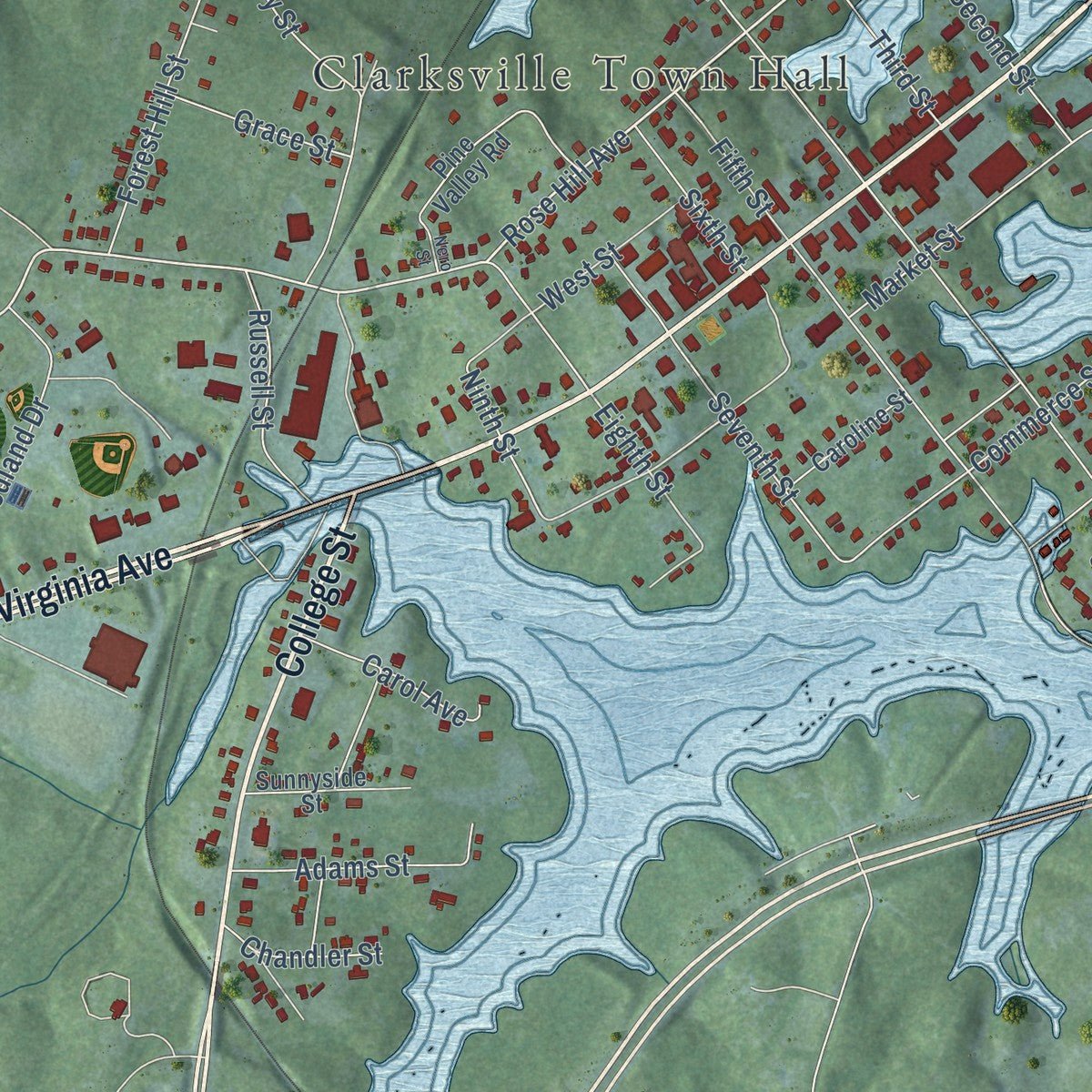Close-up of the map of Clarksville, Virginia print showing street and building detail