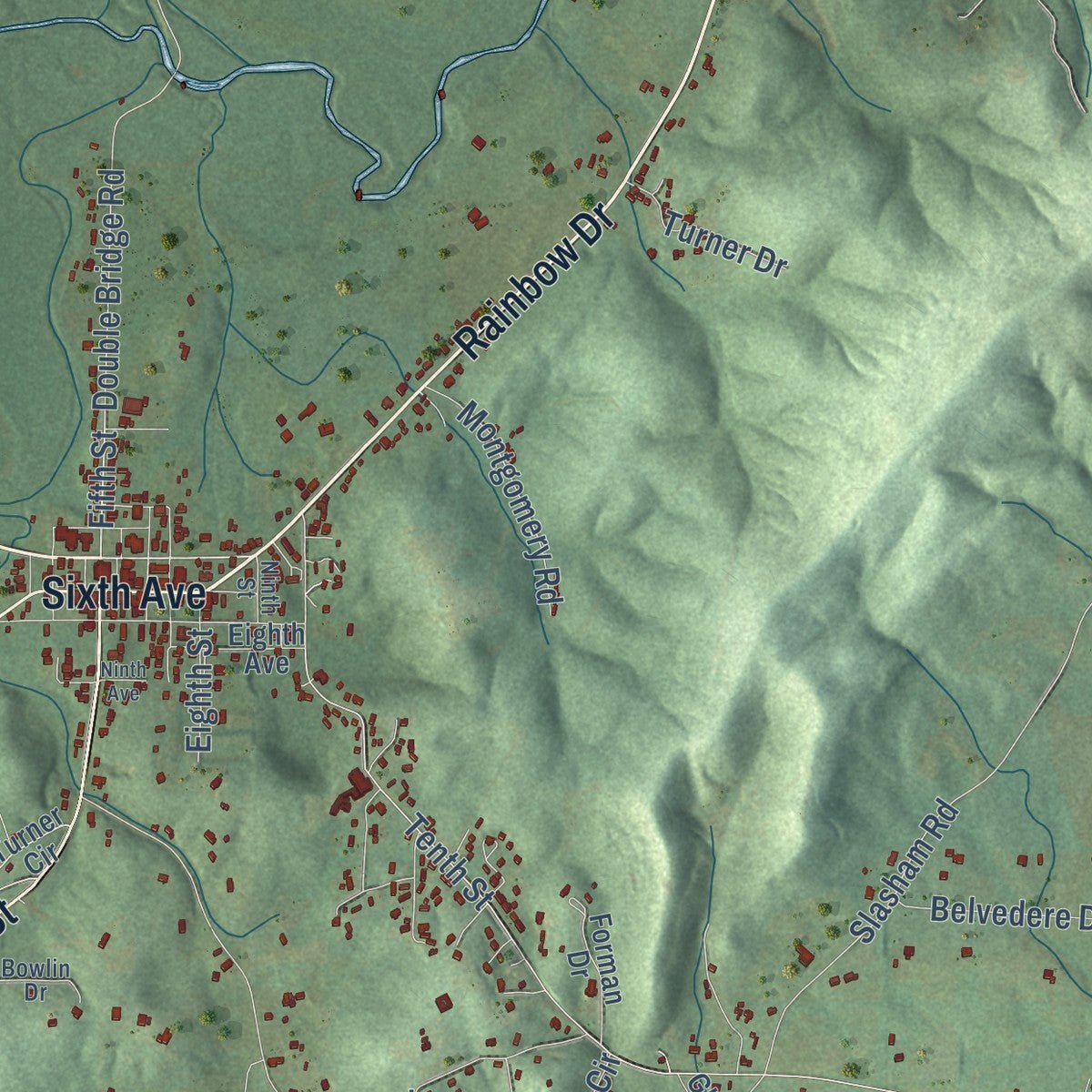 Close-up of the map of Ashville, Alabama print showing street and building detail