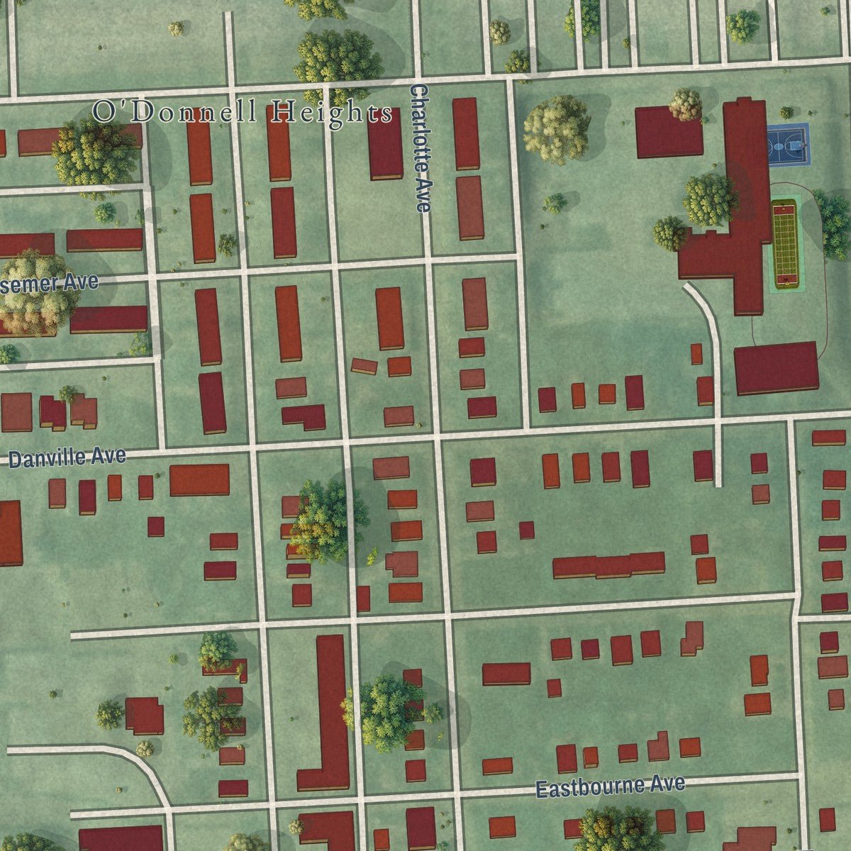 Close-up of the map of Broening Manor, Maryland print showing street and building detail