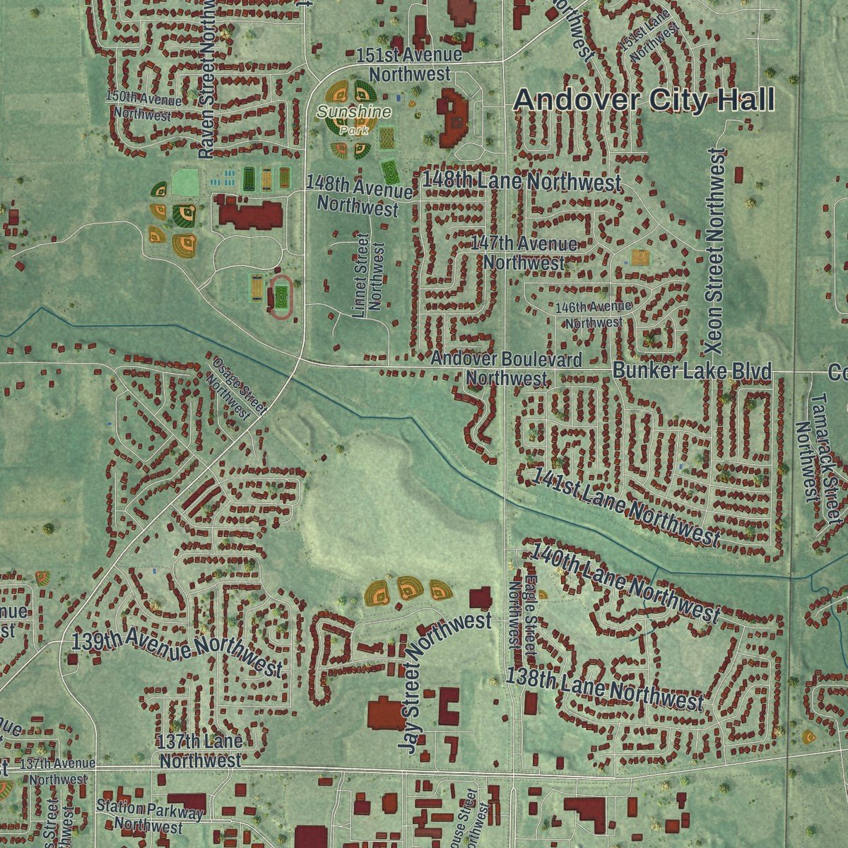 Close-up of the map of Andover, Minnesota print showing street and building detail