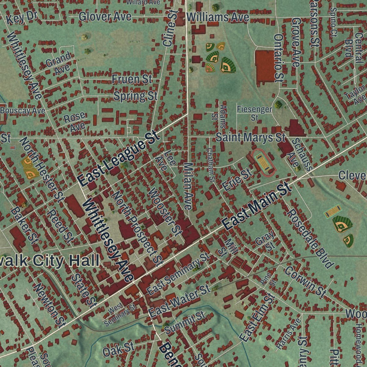 Close-up of the map of Norwalk, Ohio print showing street and building detail