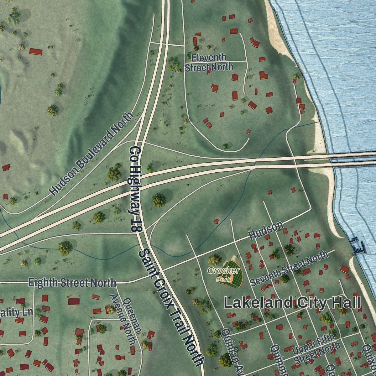 Close-up of the map of Lakeland, Minnesota print showing street and building detail