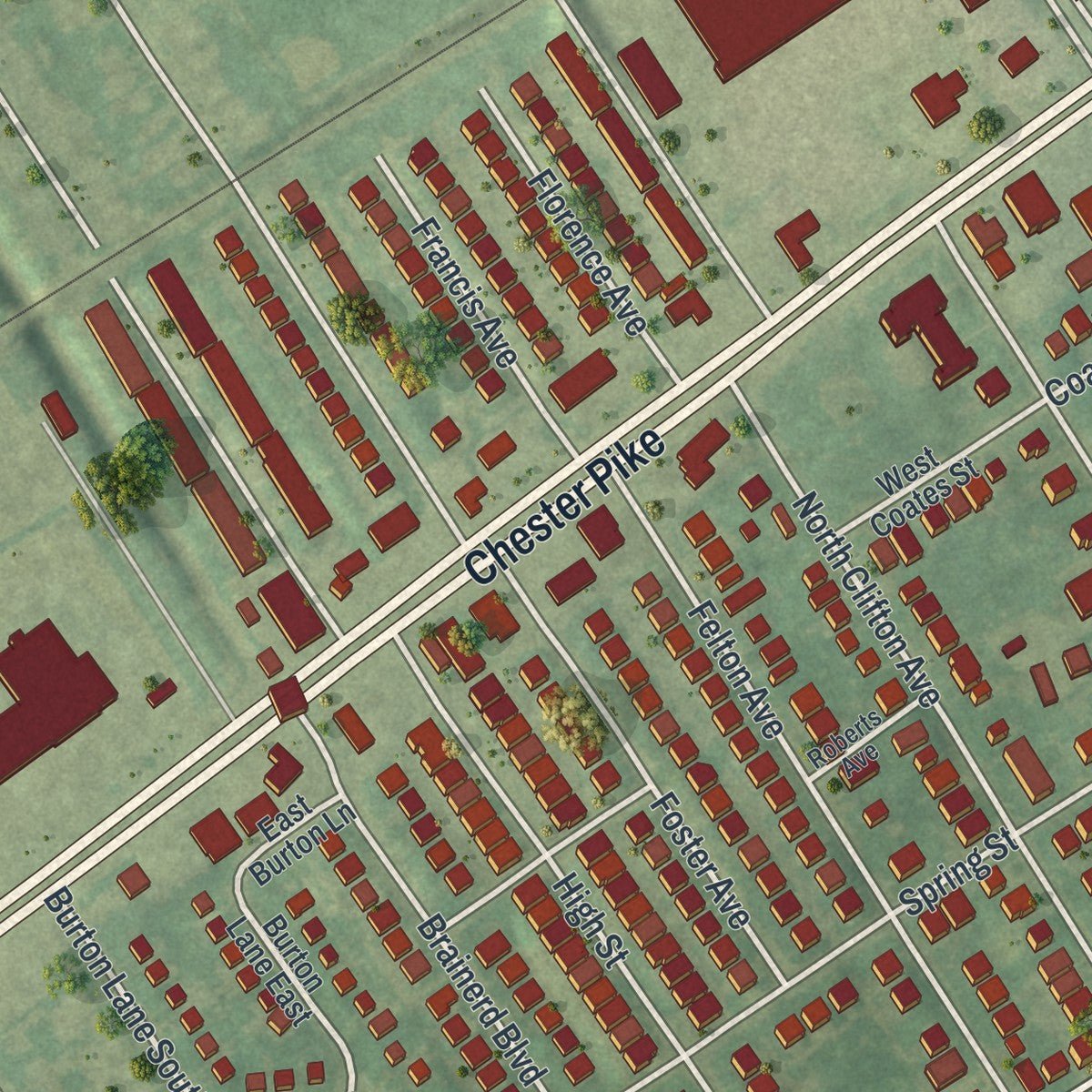 Close-up of the map of Sharon Hill, Pennsylvania print showing street and building detail