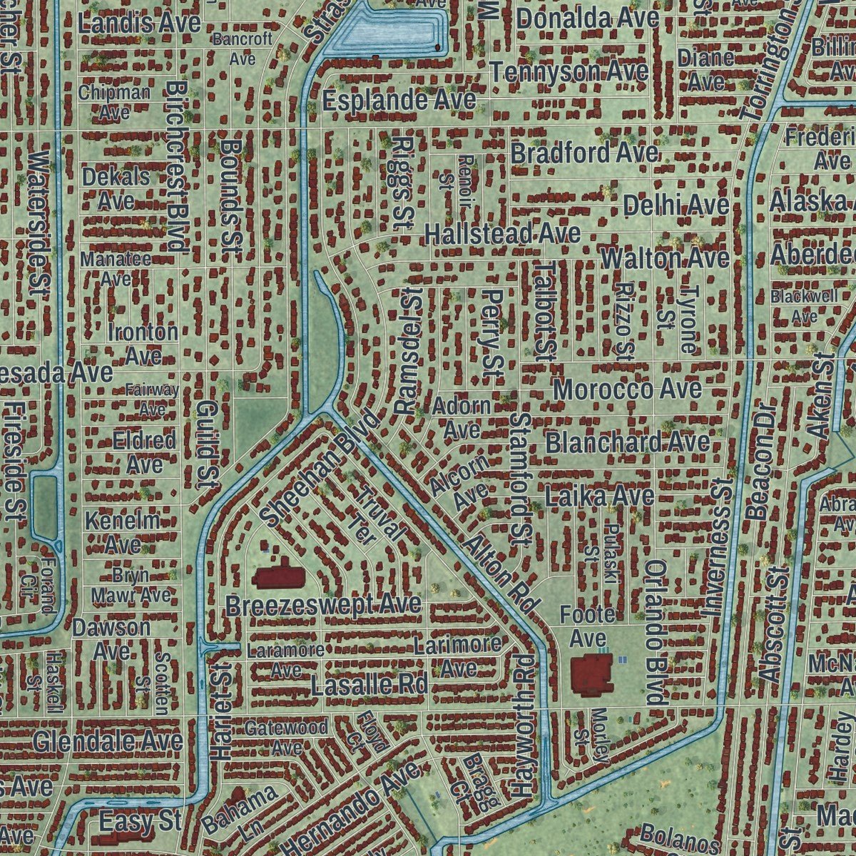 Close-up of the map of Port Charlotte, Florida print showing street and building detail