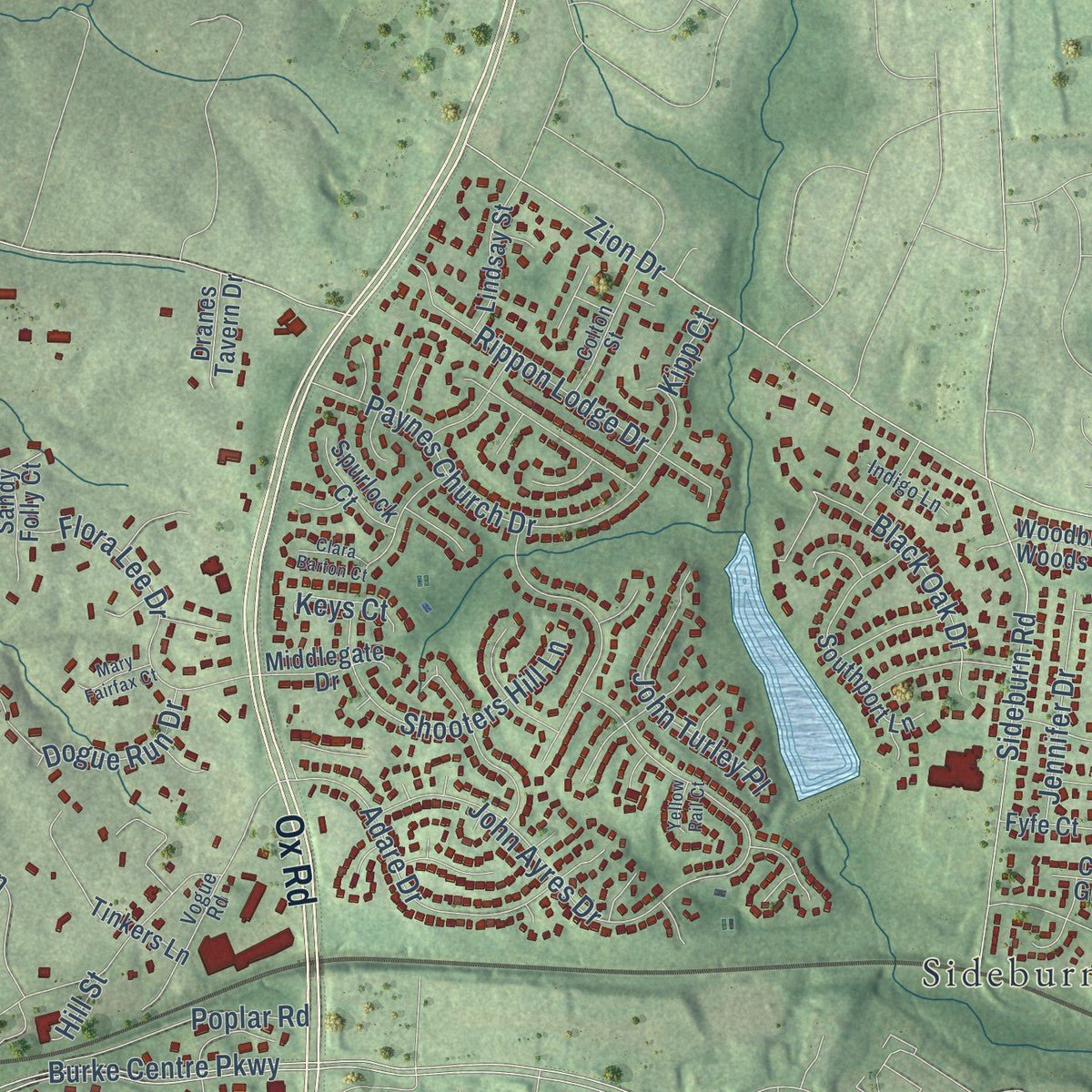 Close-up of the map of Fairfax Station, Virginia print showing street and building detail