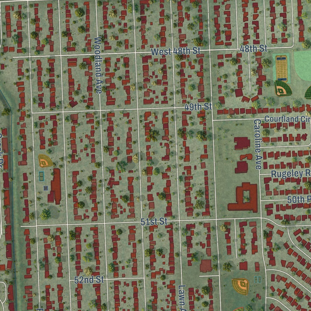 Close-up of the map of Western Springs, Illinois print showing street and building detail