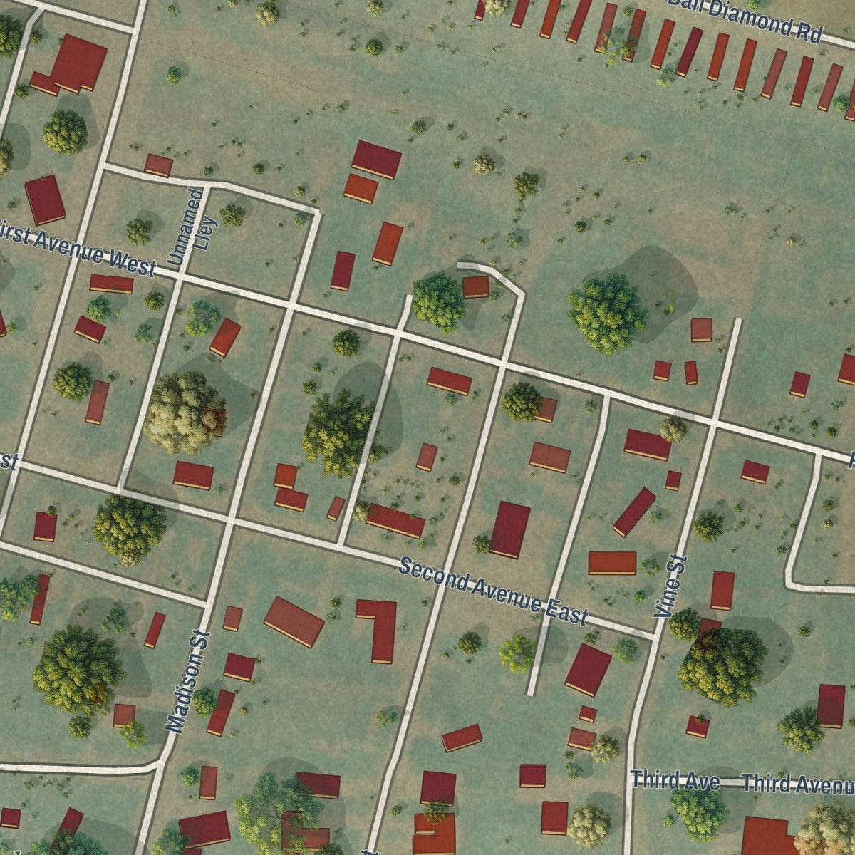Close-up of the map of Arnegard, North Dakota print showing street and building detail