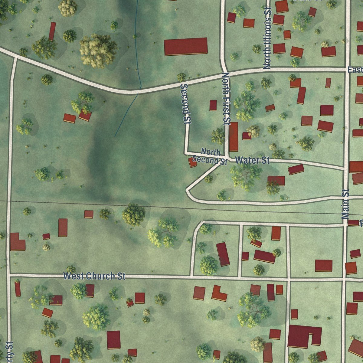 Close-up of the map of Smithfield, Illinois print showing street and building detail