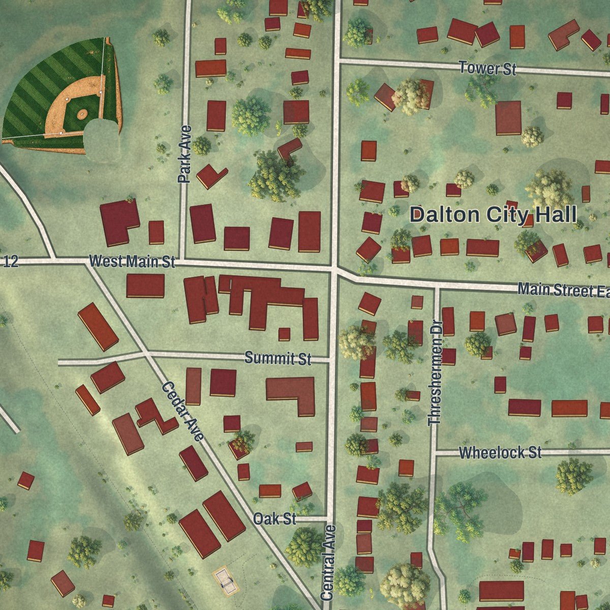 Close-up of the map of Dalton, Minnesota print showing street and building detail