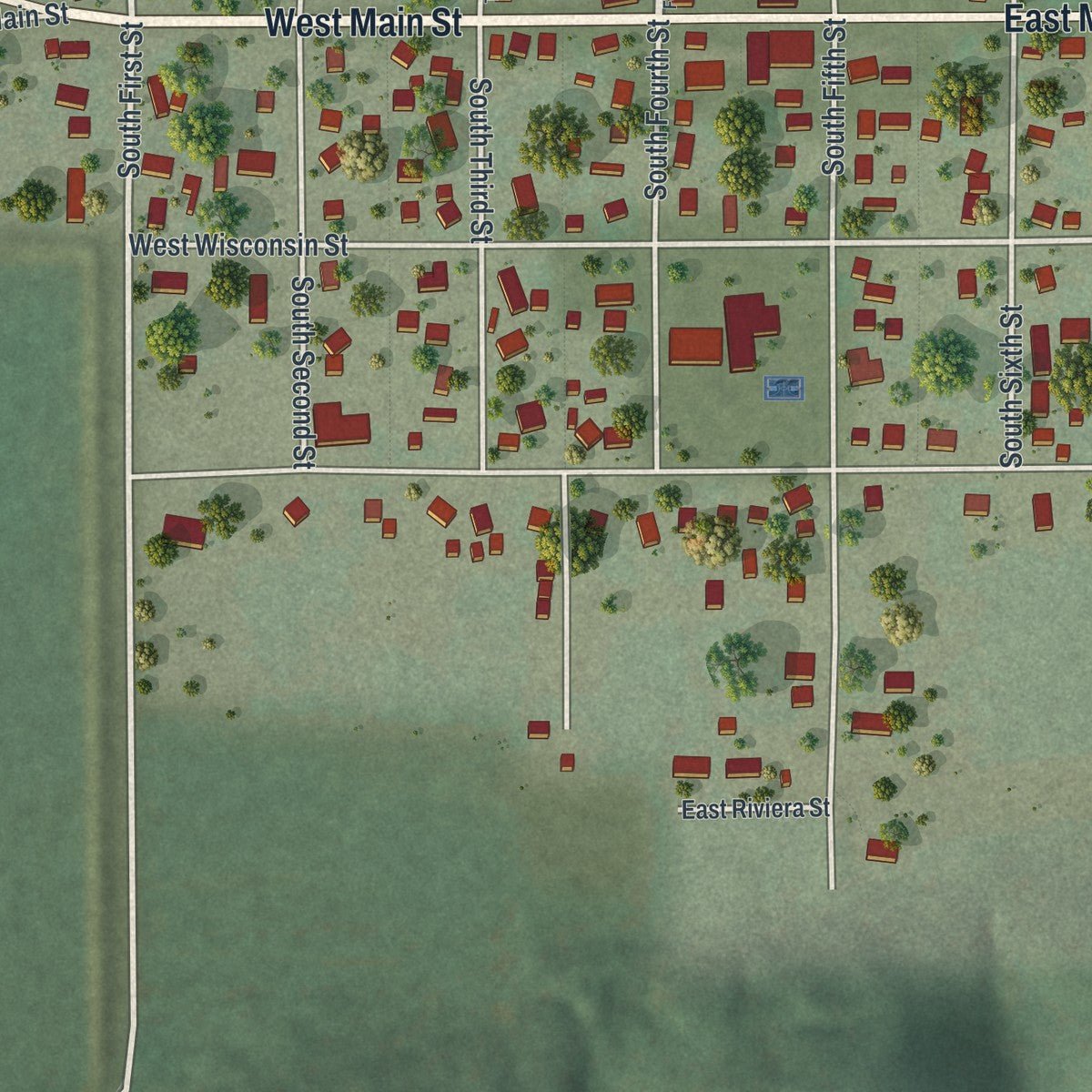 Close-up of the map of Avoca, Wisconsin print showing street and building detail
