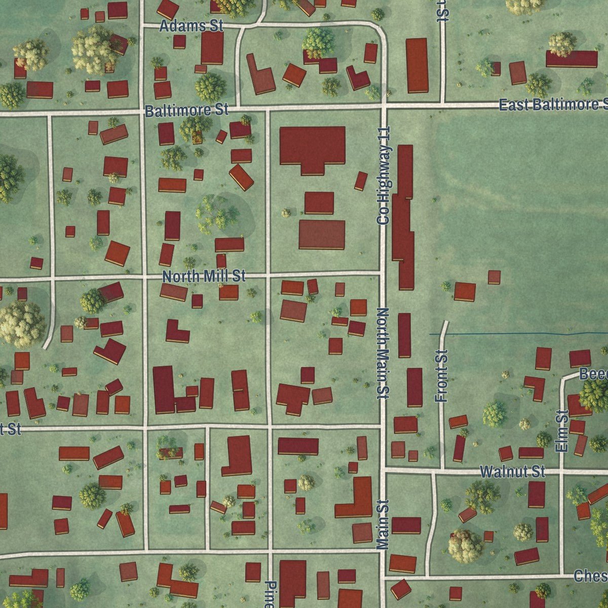 Close-up of the map of Flat Rock, Illinois print showing street and building detail