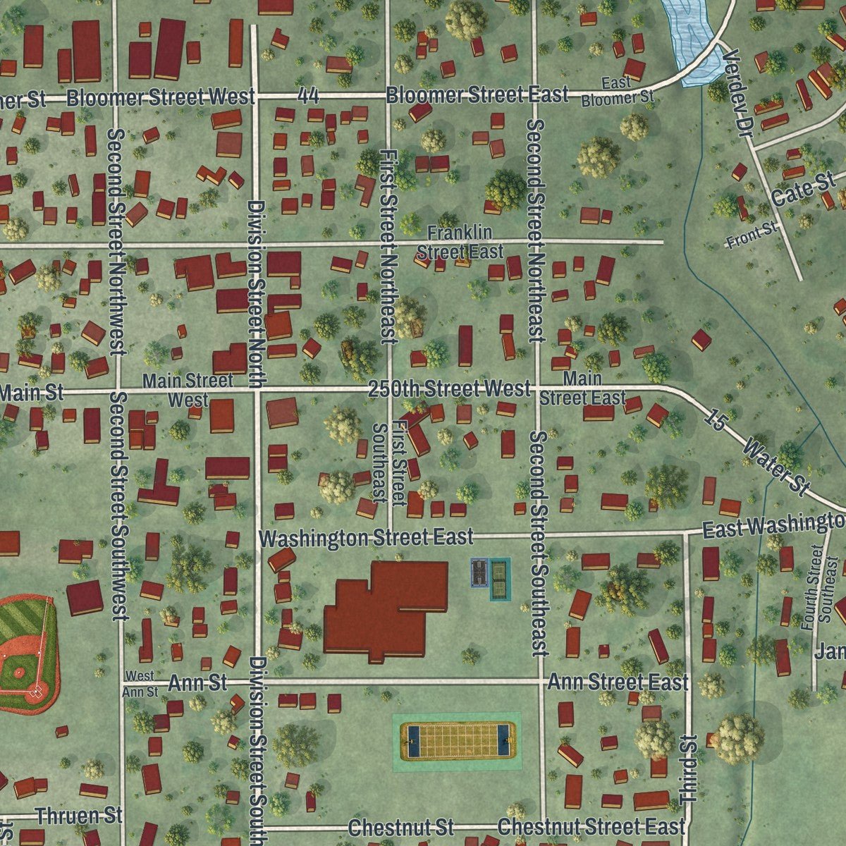 Close-up of the map of Morristown, Minnesota print showing street and building detail