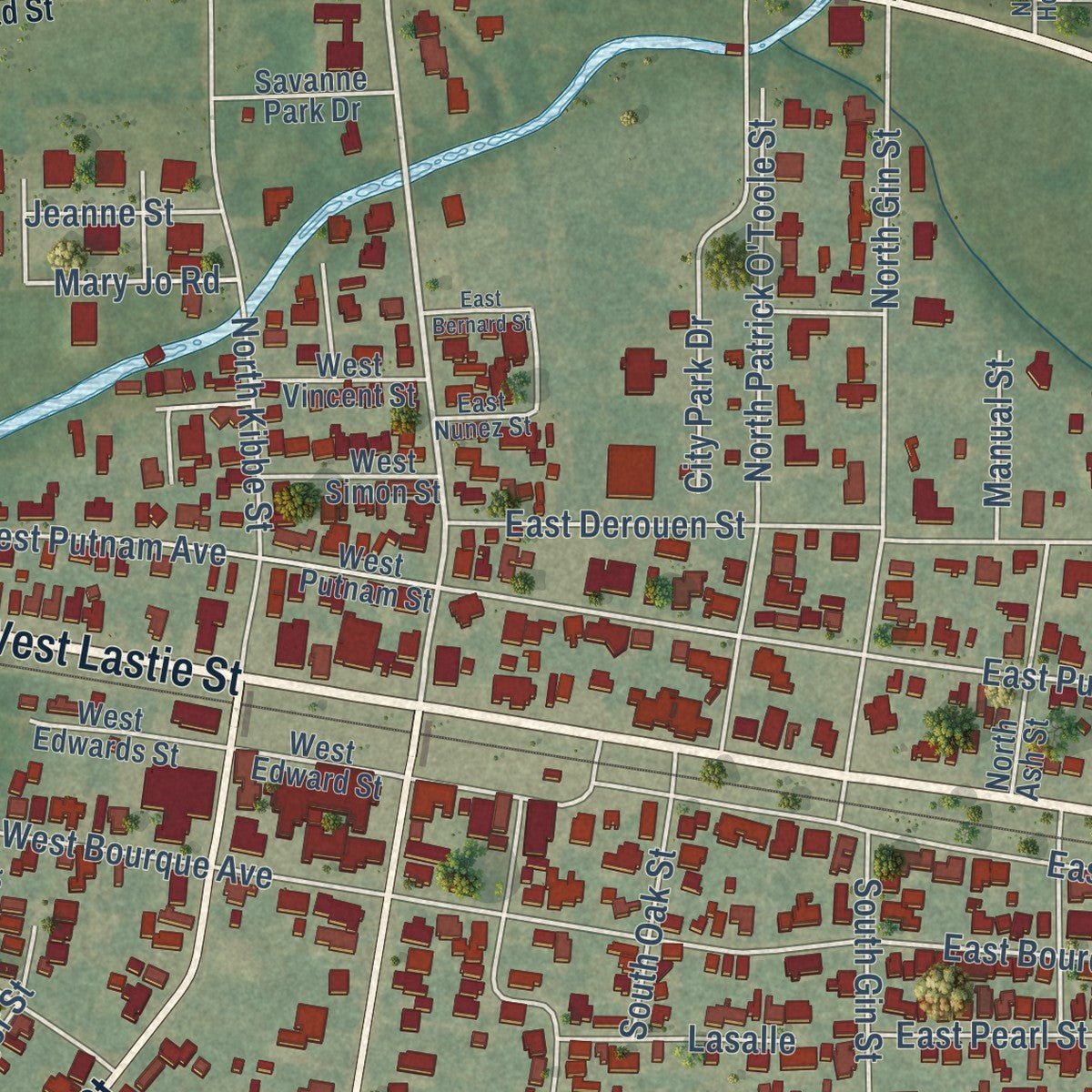 Close-up of the map of Erath, Louisiana print showing street and building detail