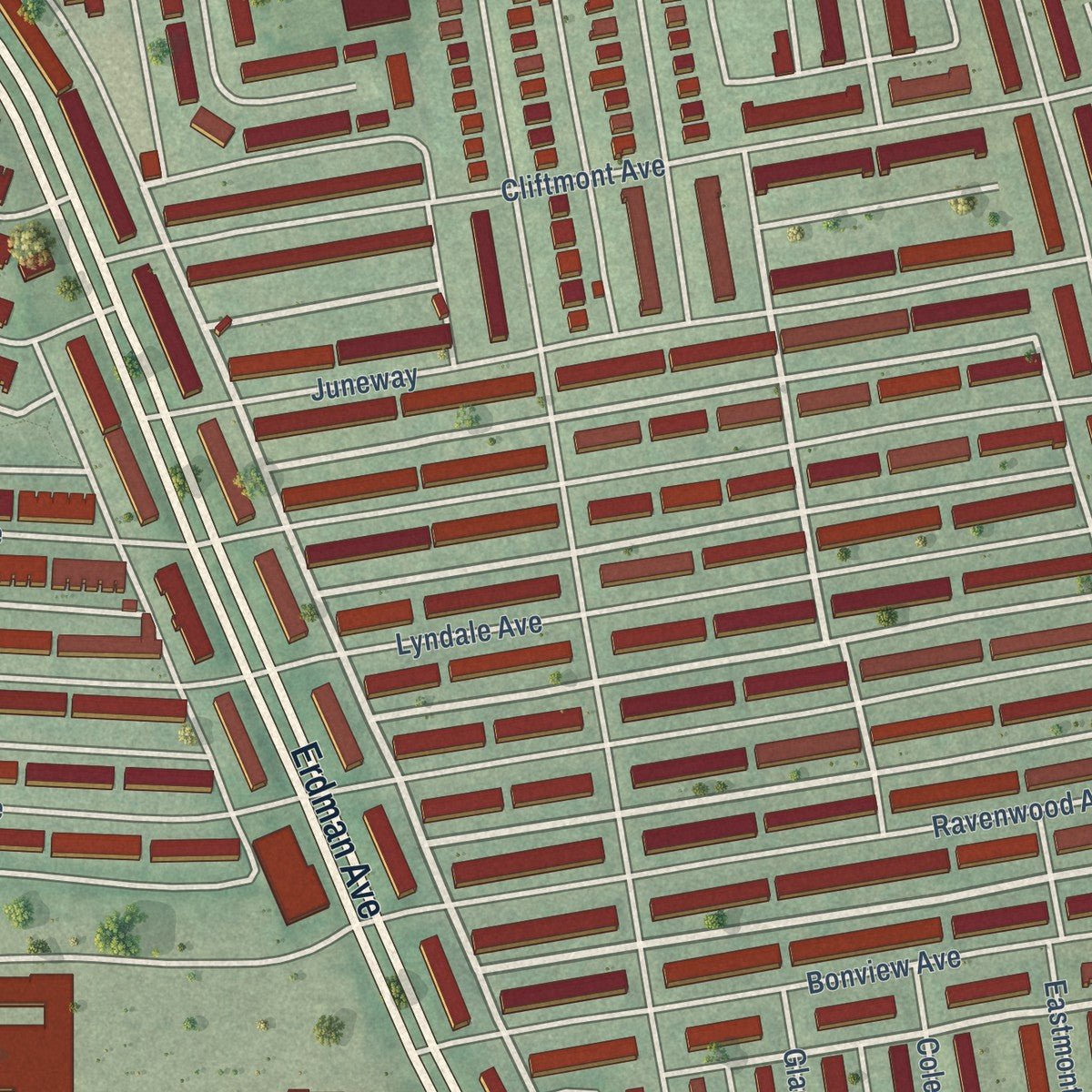 Close-up of the map of Belair-Edison, Maryland print showing street and building detail