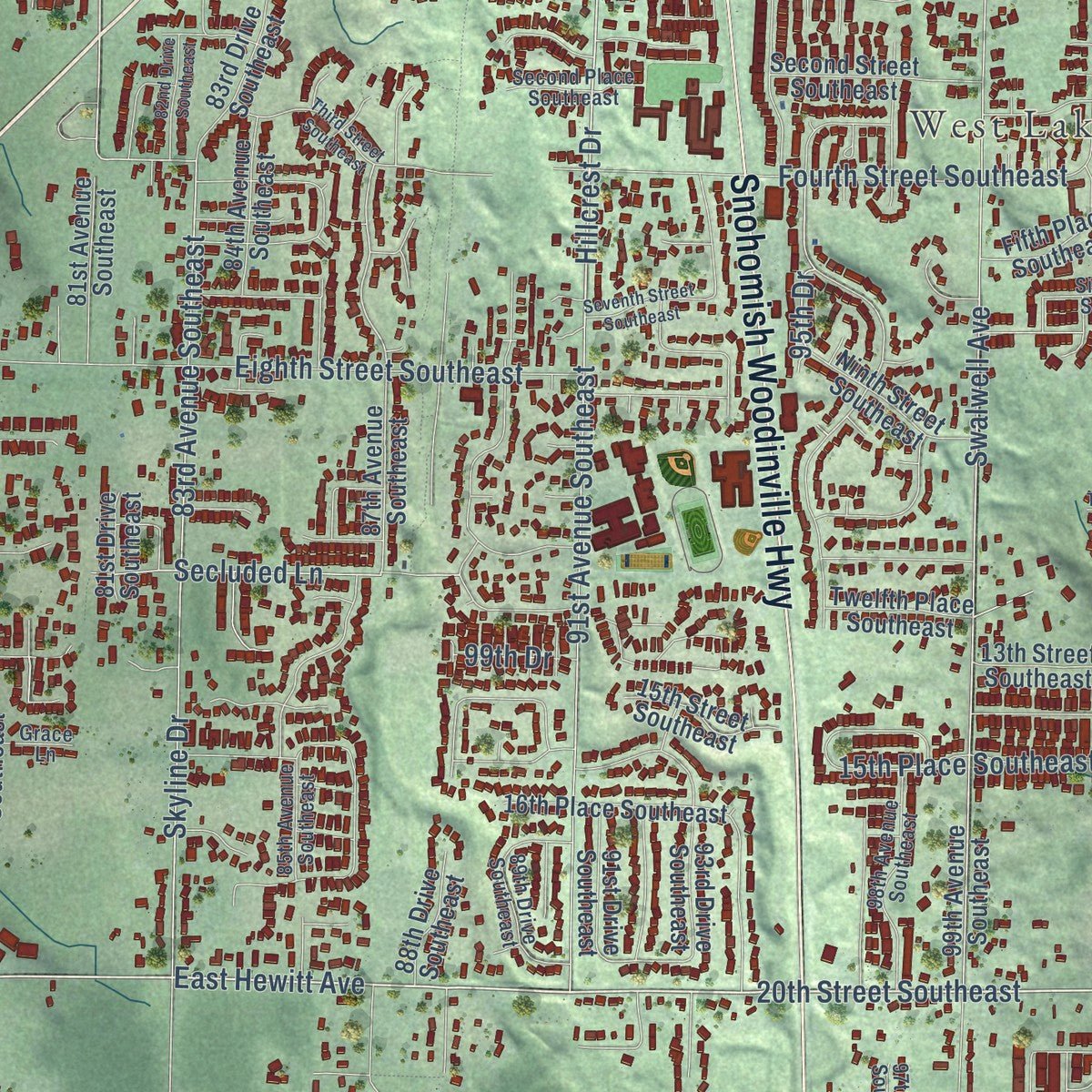 Close-up of the map of Lake Stevens, Washington print showing street and building detail