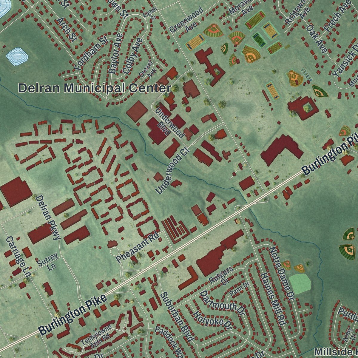 Close-up of the map of Delran, New Jersey print showing street and building detail