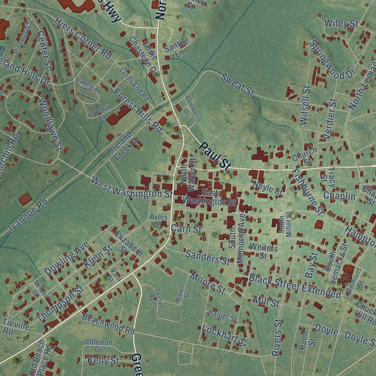 Close-up of the map of Walterboro, South Carolina print showing street and building detail