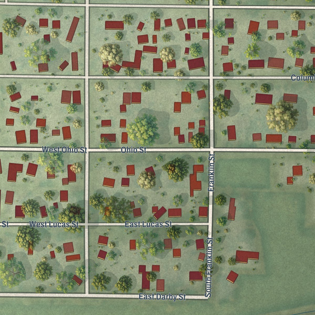 Close-up of the map of Sibley, Illinois print showing street and building detail