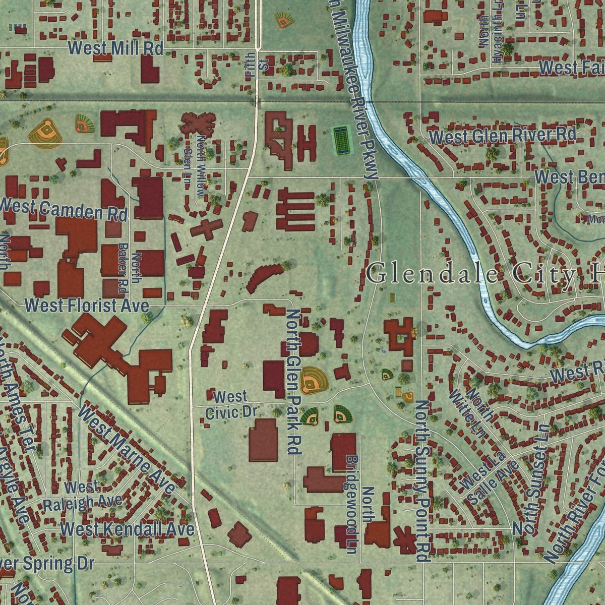 Close-up of the map of Glendale, Milwaukee County, Wisconsin print showing street and building detail
