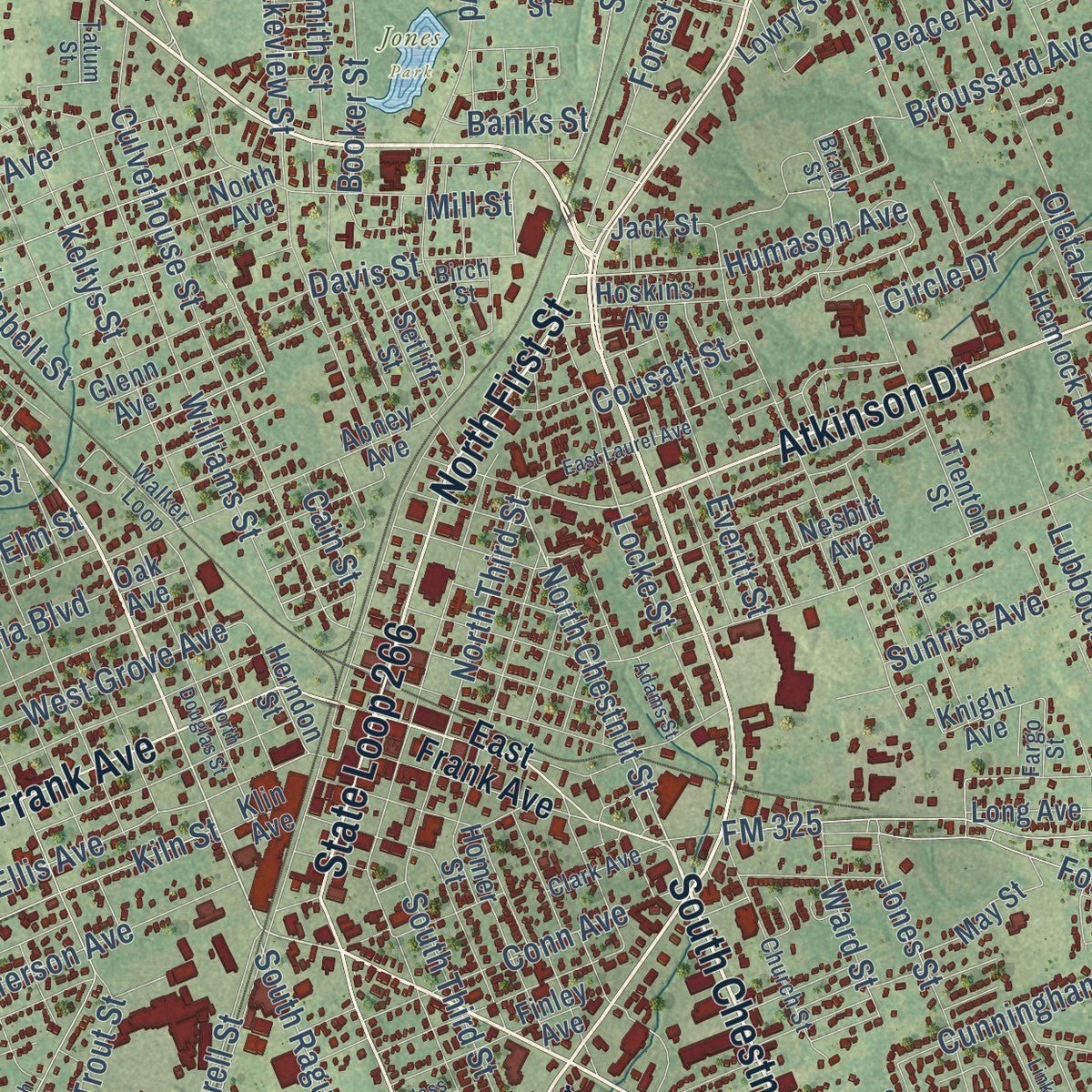 Close-up of the map of Lufkin, Texas print showing street and building detail
