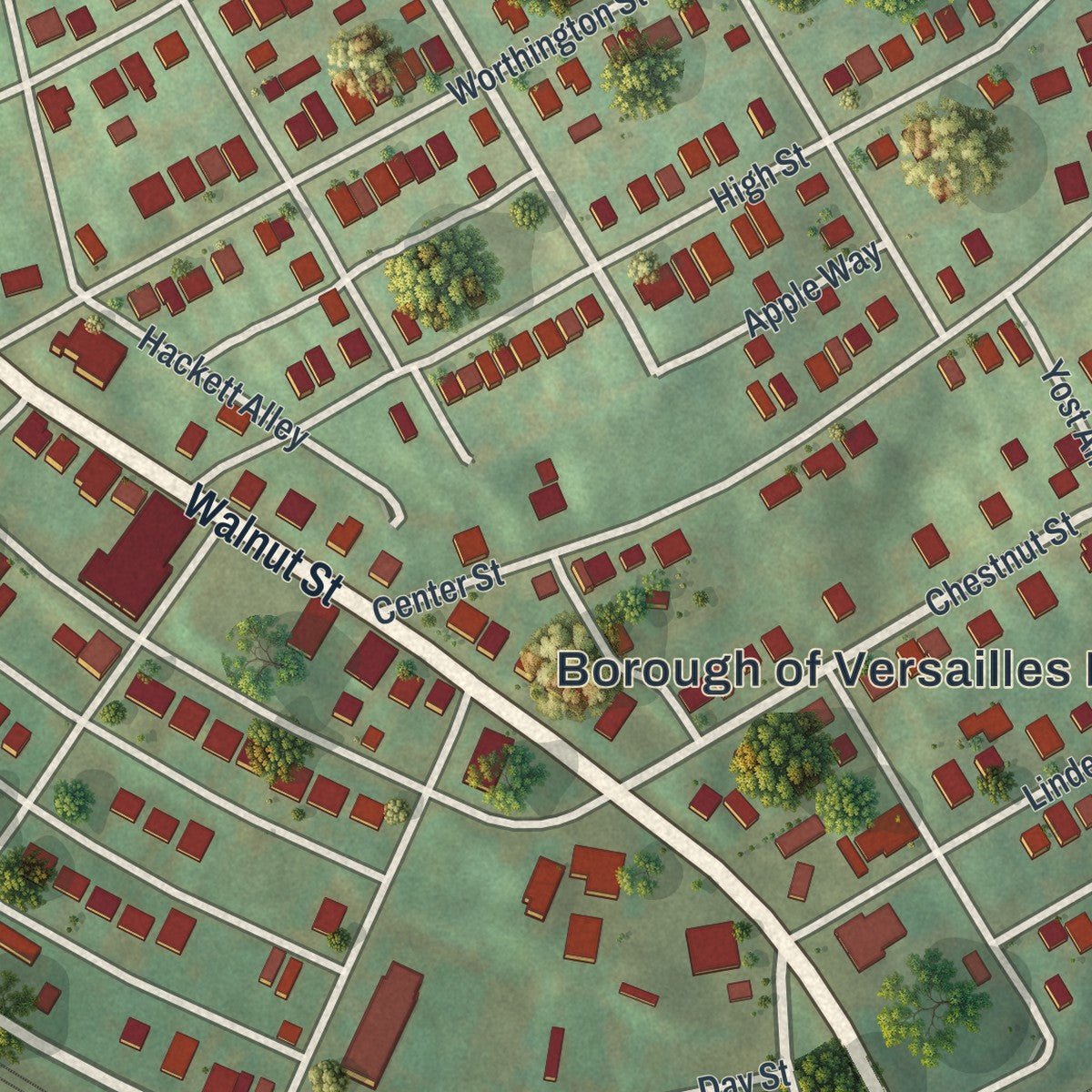Close-up of the map of Versailles, Pennsylvania print showing street and building detail