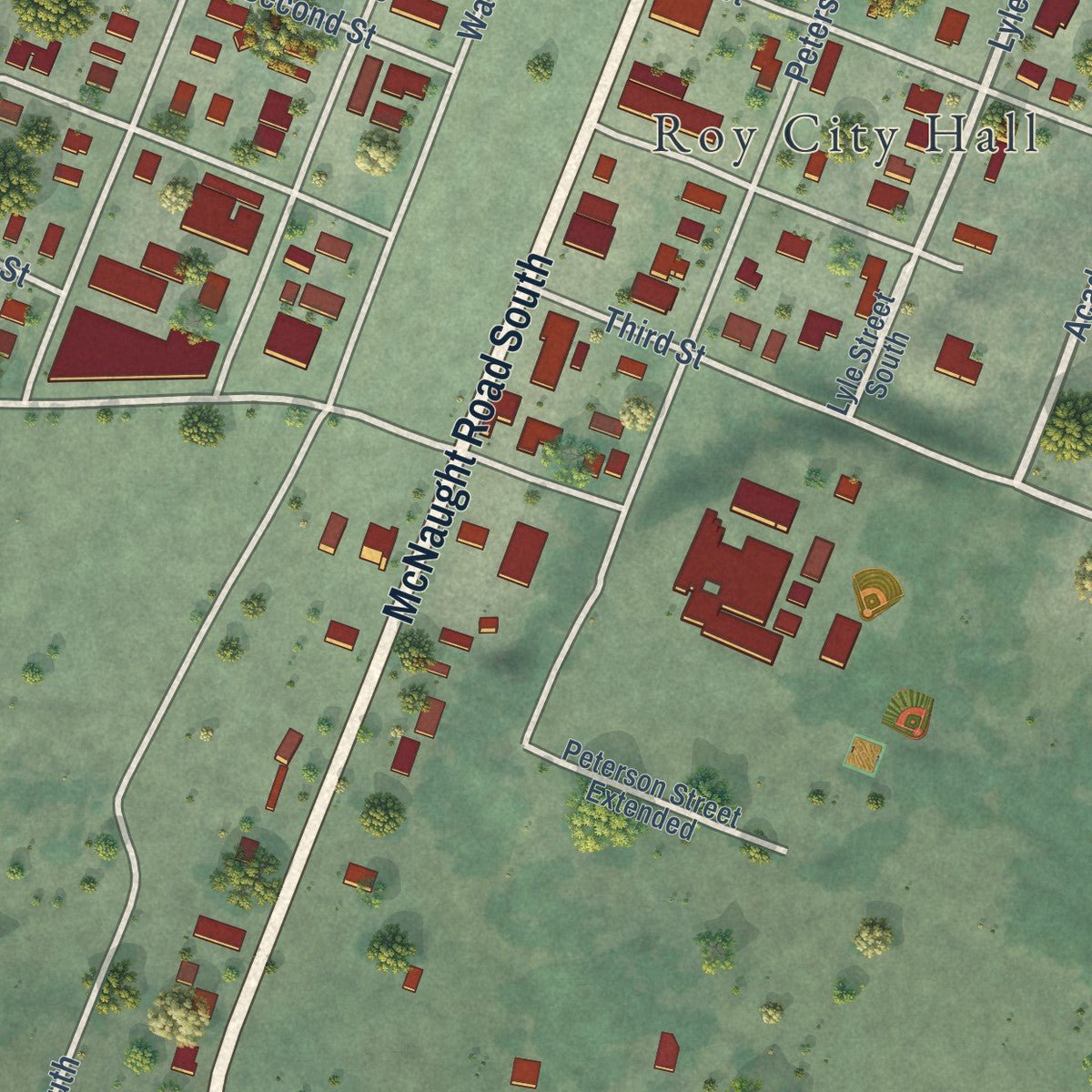 Close-up of the map of Roy, Washington print showing street and building detail