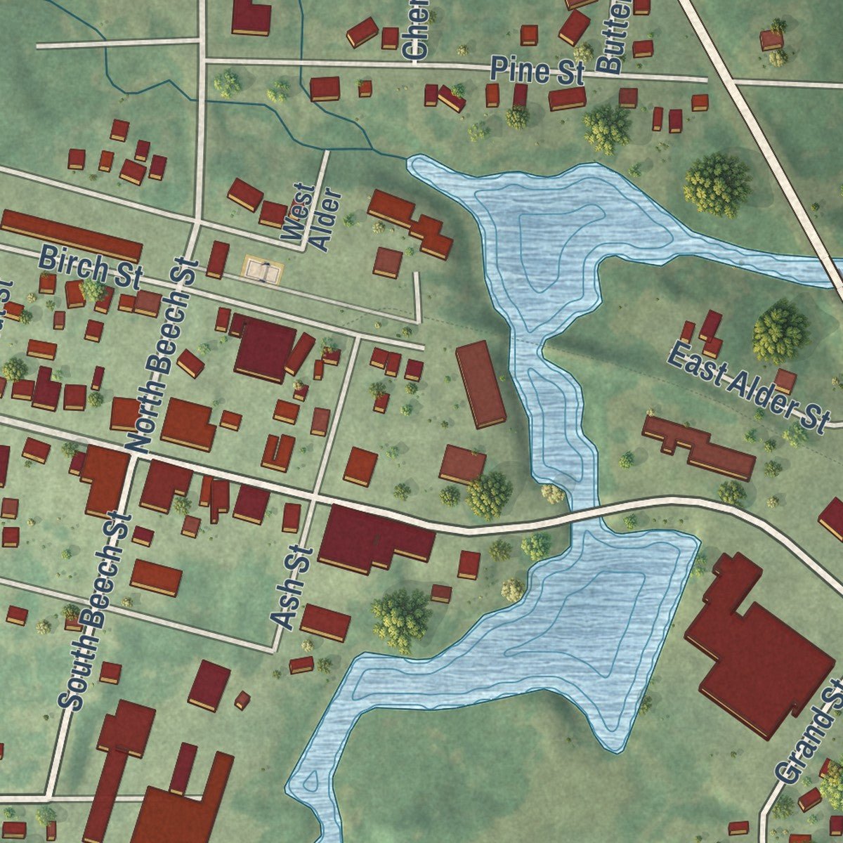 Close-up of the map of Tigerton, Wisconsin print showing street and building detail