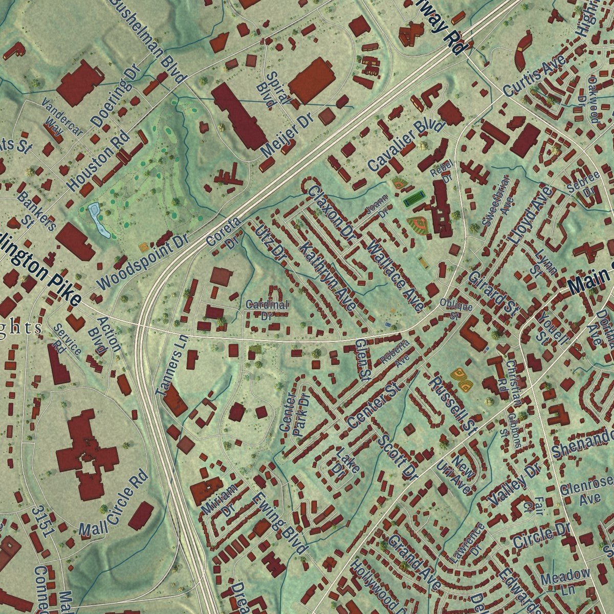 Close-up of the map of Florence, Kentucky print showing street and building detail