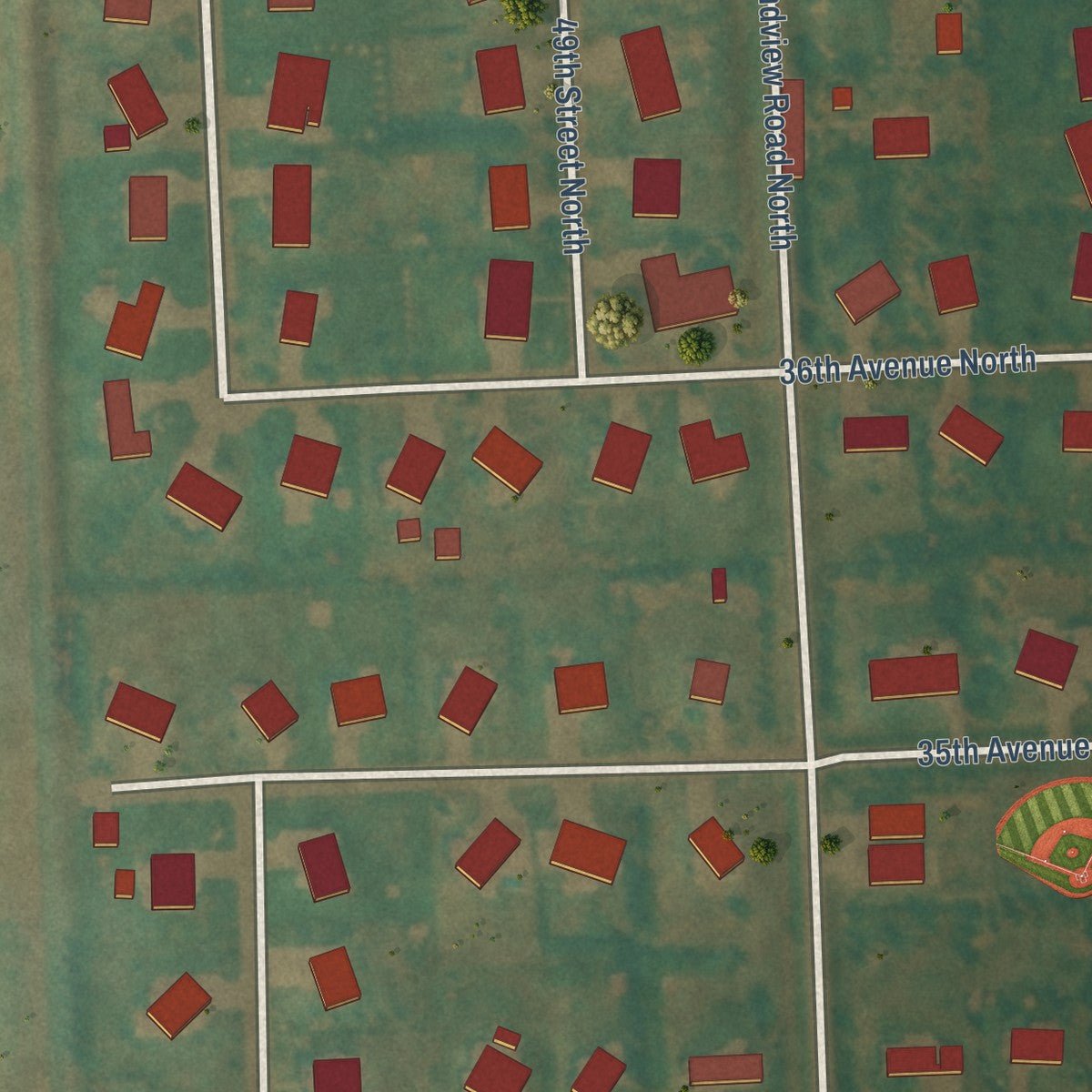 Close-up of the map of Reile's Acres, North Dakota print showing street and building detail