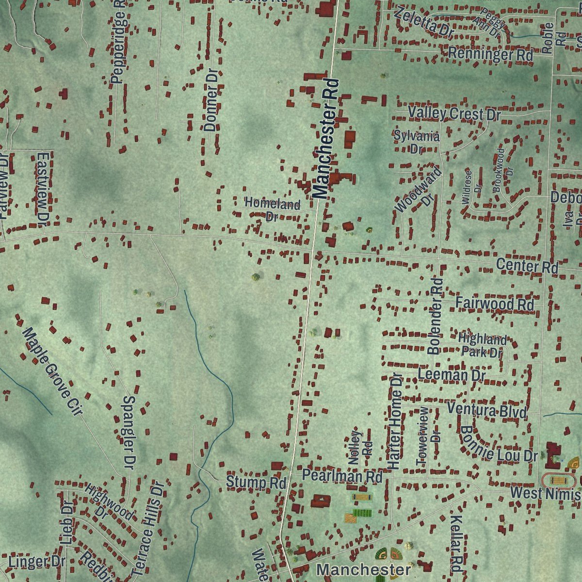 Close-up of the map of New Franklin, Ohio print showing street and building detail
