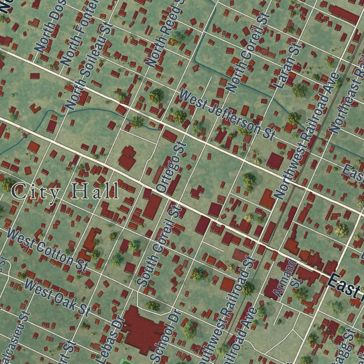 Close-up of the map of Ville Platte, Louisiana print showing street and building detail