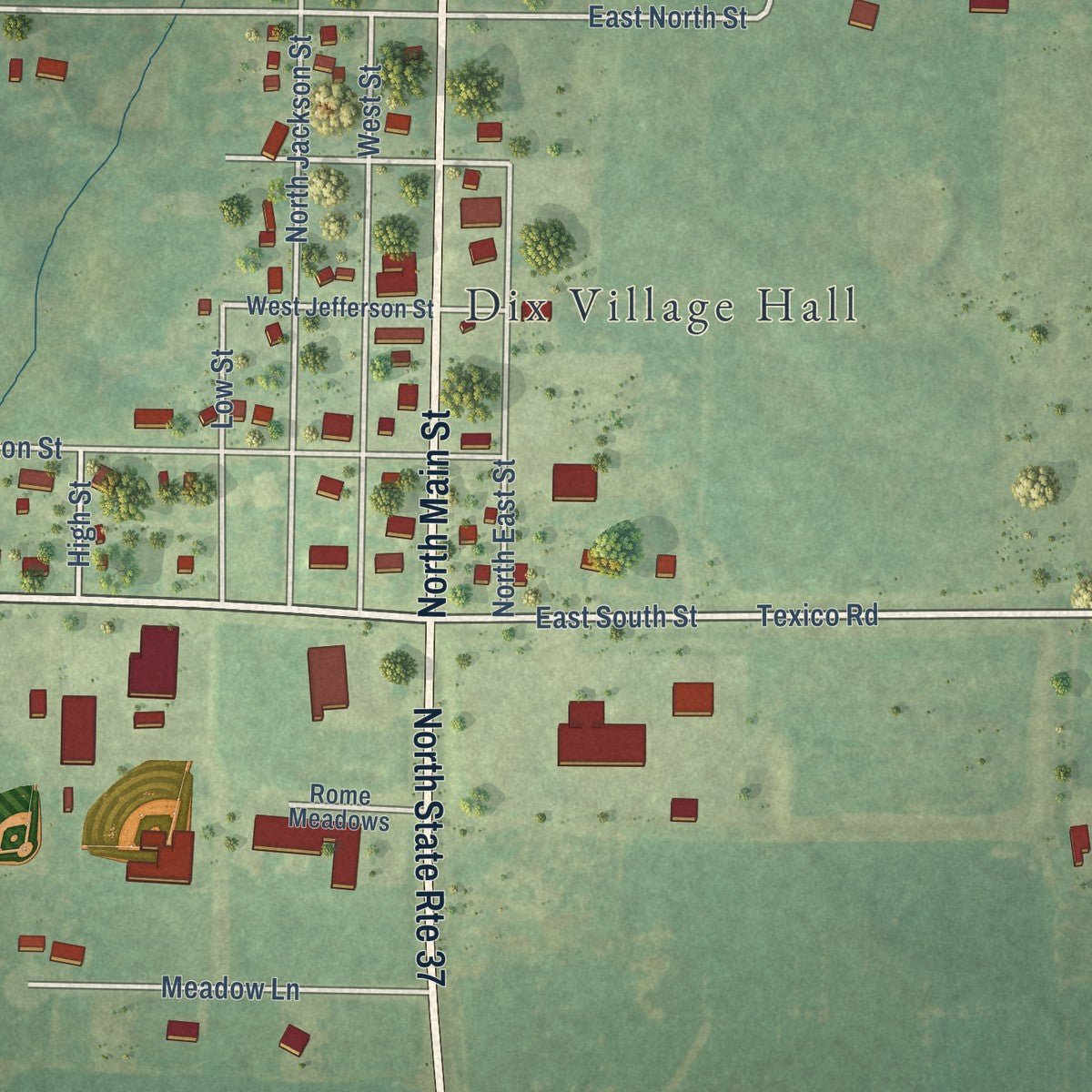 Close-up of the map of Dix, Illinois print showing street and building detail