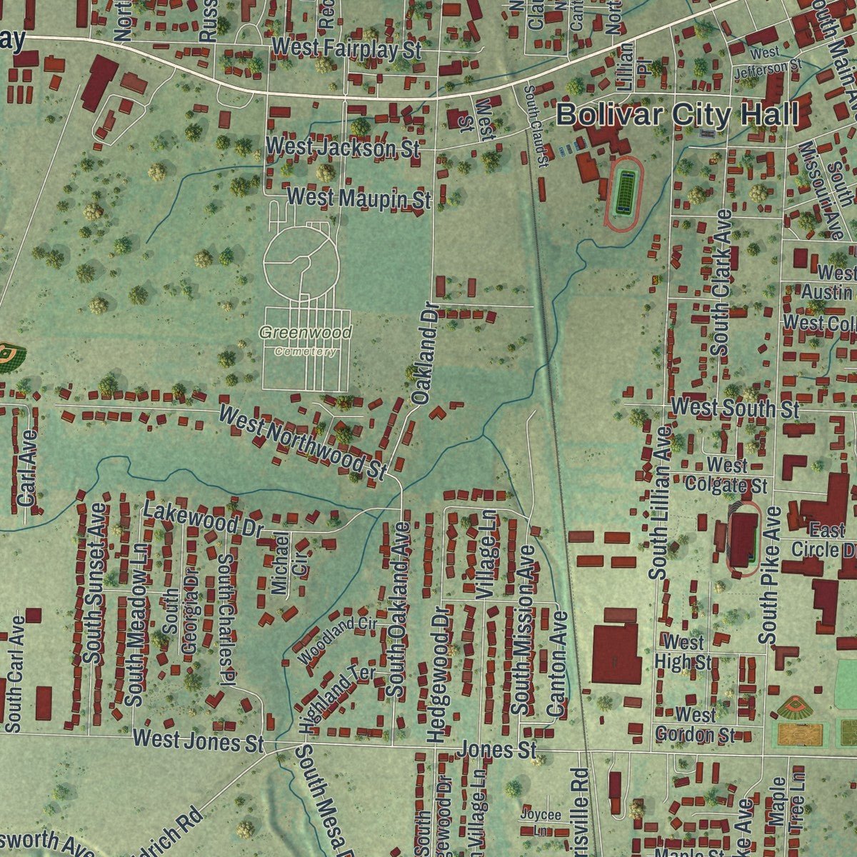 Close-up of the map of Bolivar, Missouri print showing street and building detail